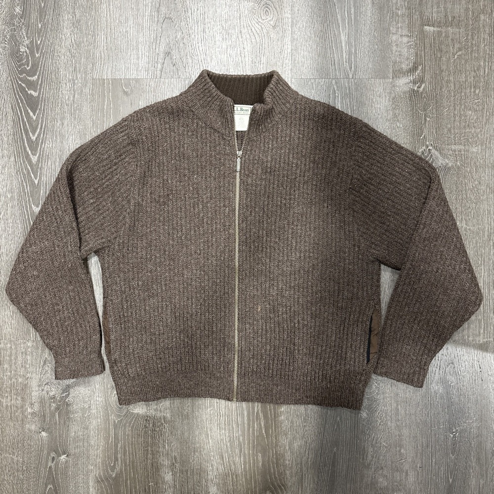 Vtg LL Bean Sweater Jacket Men's Large Alpaca Wool Rib Full Zip 80s Pockets USA